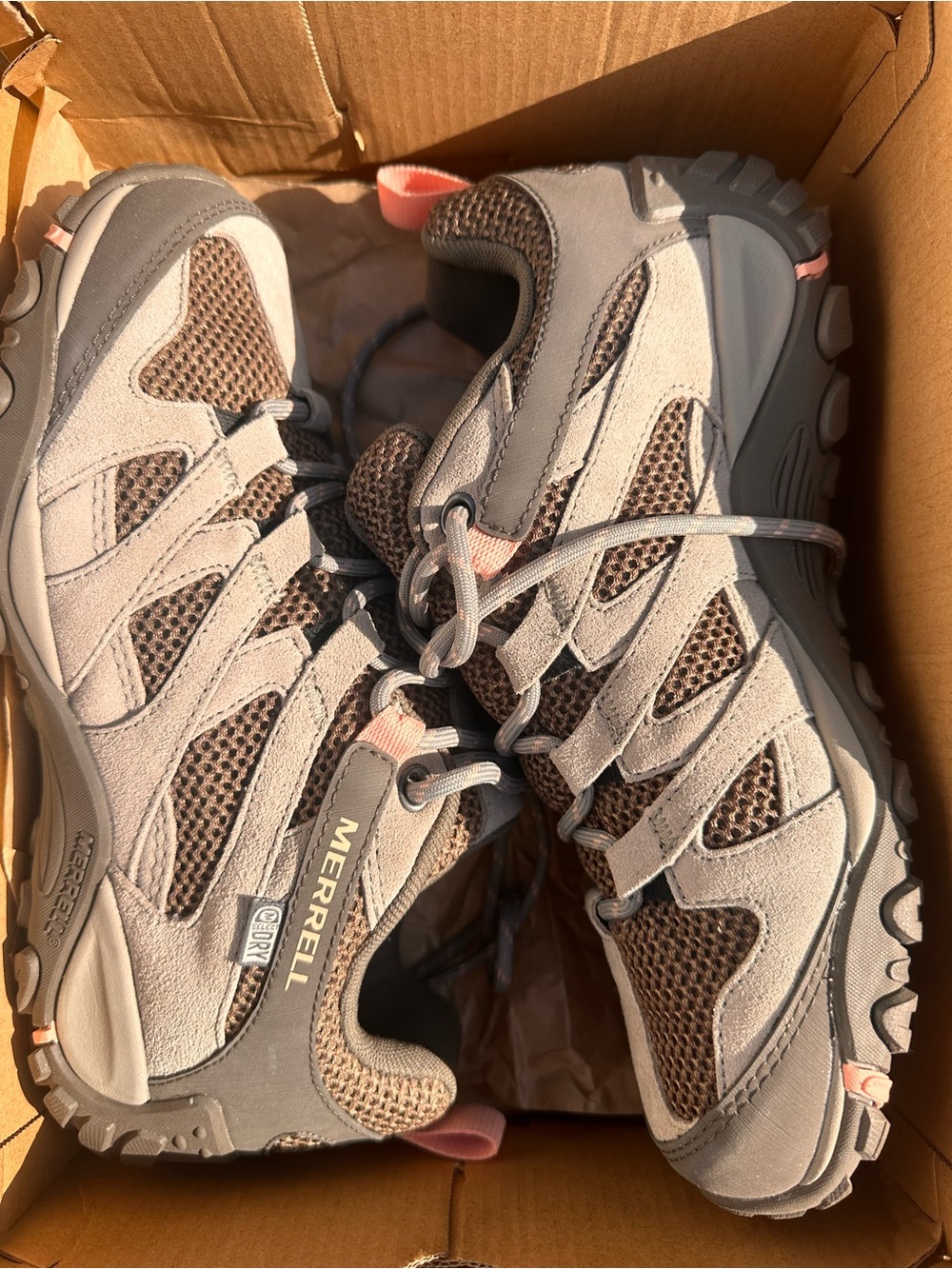 Brand New Merrell Women's Trail Hiking Shoes in Gray and Brown with Pink Accents